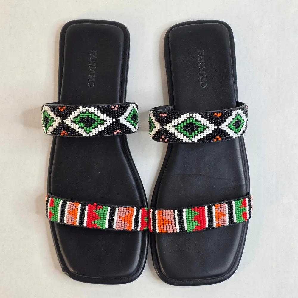Farm‎ Rio Beaded Square Toe Slide Sandals Womens 10 Black Boho Tropical Resort